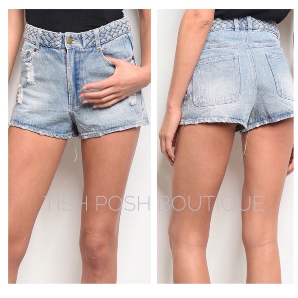 Braided Distressed Denim Shorts - Picture 1 of 5